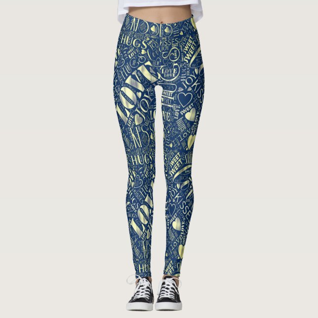 Legging Hugs and Kisses Word Cloud Retro Blue ID286 (Frente)