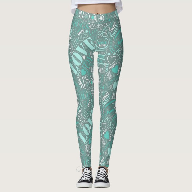 Legging Hugs e Kisses Word Cloud Teal ID286 (Frente)