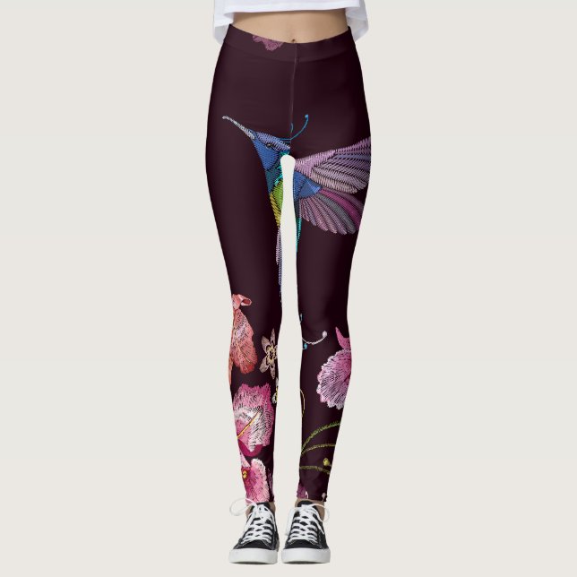 Legging Hummingbird e orquídea, moda sem costura tropical. (Frente)