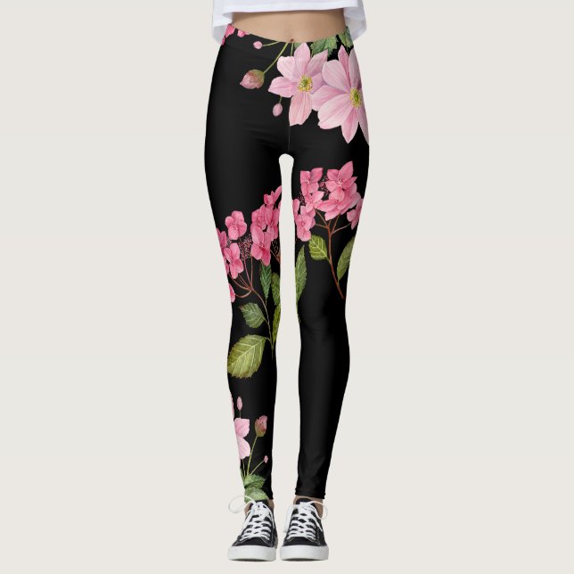 Legging Hydrangea rosa com aquarela e anêmona japonesa (Frente)