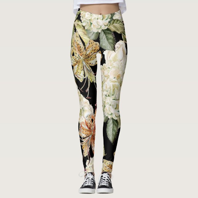 Legging Hydrangeas de Aquarela Lírios: Padrão Floral (Frente)