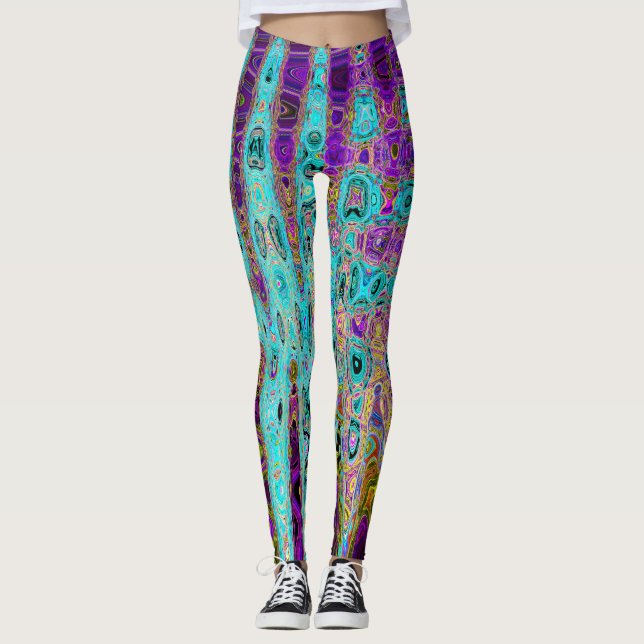 Legging Icy Aqua Blue Groovy Abstrato Retro Atomic Waves (Frente)
