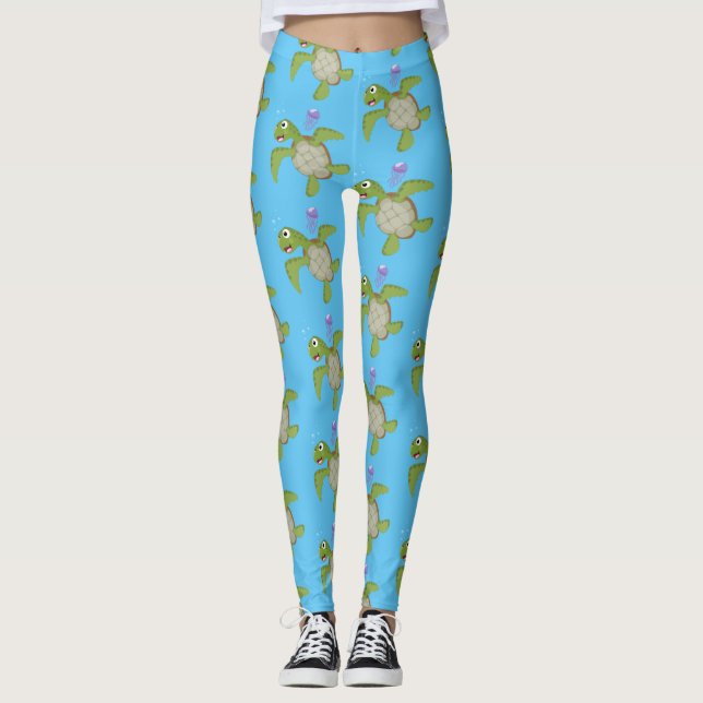 Legging Ilustração animada feliz da tartaruga verde-branca (Frente)