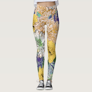 Legging Ilustração Cinzenta Floral Amarela e Verde Trendy