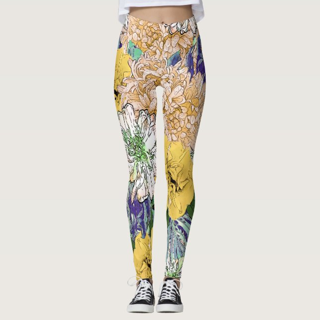 Legging Ilustração Cinzenta Floral Amarela e Verde Trendy (Frente)