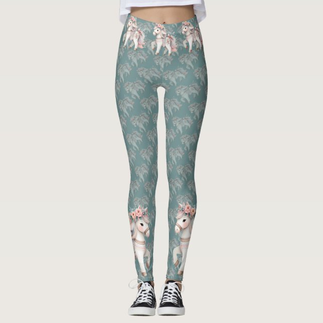 Legging Ilustração da Fantasia Floral Pastel Horse (Frente)