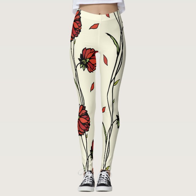Legging Ilustração das Flores Vermelhas Vintage (Frente)