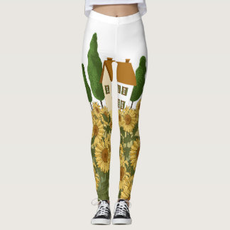 Legging Ilustração de Campo de Girassóis da Casa