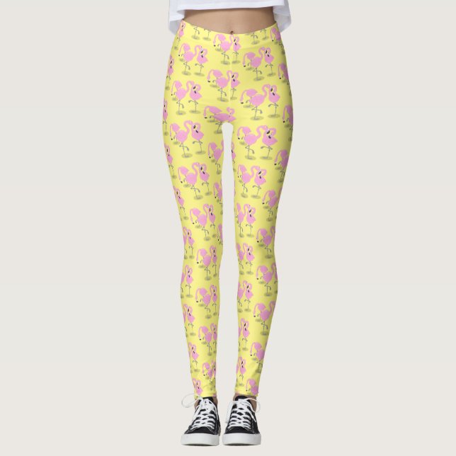 Legging Imagem de desenho animado rosa-claro flamingo trio (Frente)