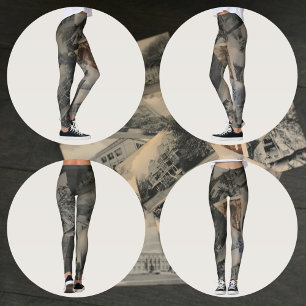 Legging Imagem Monocromática Sépia Vintage de Cartão Posta