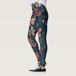 Legging Impressão Antiga de Aquarela Floral sobre Azul-Mar
