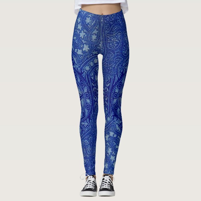 Legging impressão antigo da Índia Oriental em azul (Frente)