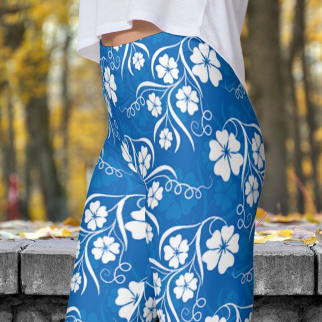 Legging Impressão azul e branco clássico (White Floral on Blue)