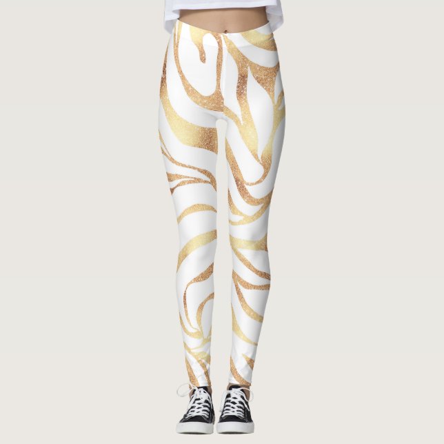 Legging Impressão Branca de Zebra Dourada Elegante (Frente)