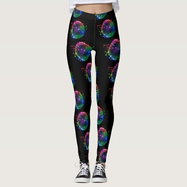Legging Impressão de Bola Disco Colorida Nas Pernas Pretas (Frente)