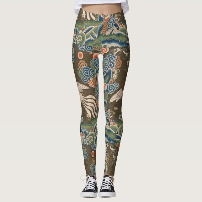 Legging Impressão de bordado em seda de pássaro branco chi (Frente)