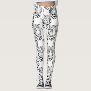 Legging Impressão de cabeça de Tigre Branco e Preto Eleg