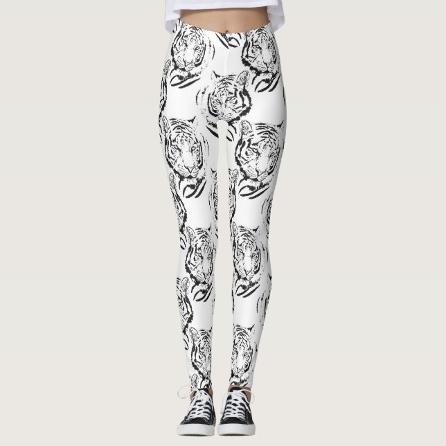 Legging Impressão de cabeça de Tigre Branco e Preto Elegan (Frente)