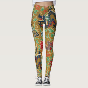 Legging Impressão de Dragão Floral Antiquado Japonês