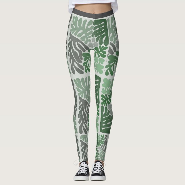 Legging Impressão de folha de Cinza verde e botânico (Frente)