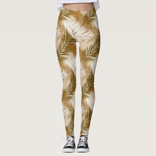 Legging Impressão de Folha de Palma, Castanho Escuro, Tan  (Frente)