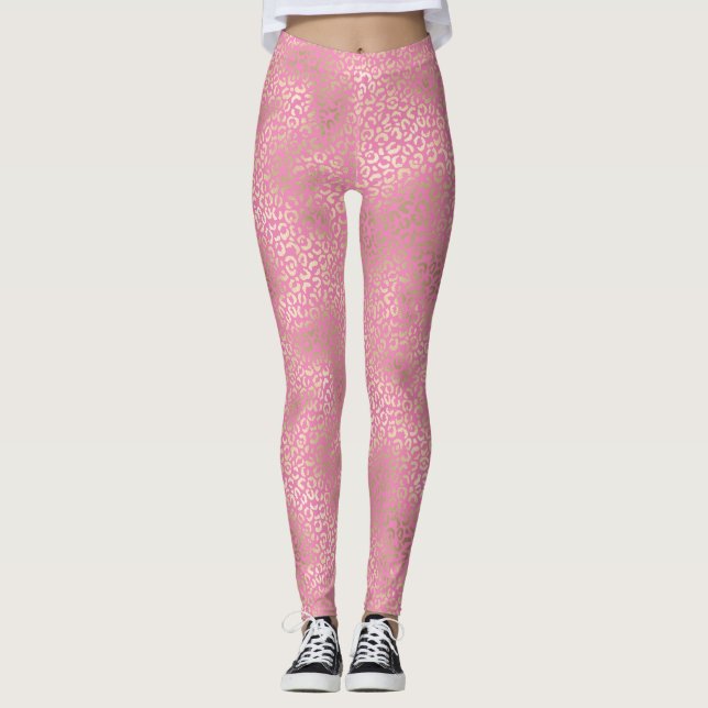 Legging Impressão de Glam Leopardo Dourado Rosa-Rosa (Frente)