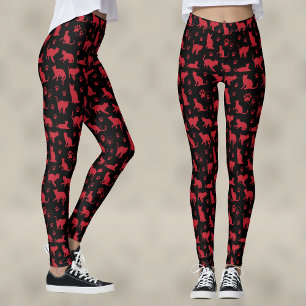 Legging Impressão de Kitten Preto e Vermelho com Pinças de