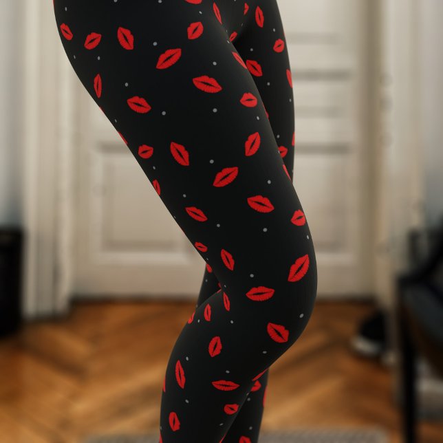 Legging Impressão de Lábio Vermelho Lábio Beijo Pernas Pre (Cute red lipstick kisses on a dotty pair of black leggings. Perfect just for you!)