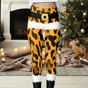 Legging Impressão de Leopardo Amarelo Papai Noel Figurino 