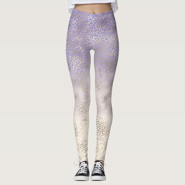 Legging Impressão de Leopardo de Ombro Dourado Roxo (Frente)