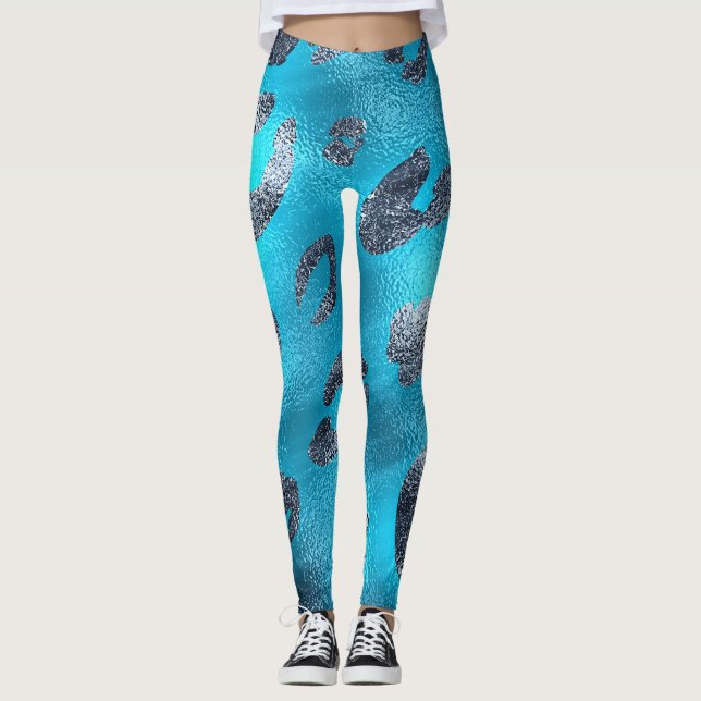 Legging Impressão de Leopardo Prata e Azul com Visual Bril (Frente)