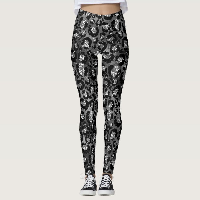 Legging Impressão de Leopardo Preto e Cinza Prata (Frente)