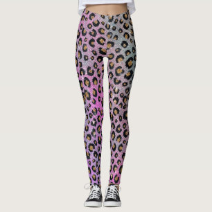 Legging Impressão de Leopardo Preto, Preto, Azul-Cor-de-R