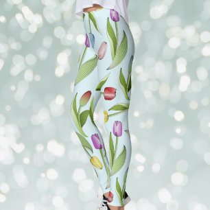 Legging Impressão de Padrão de Tulipas Coloridas Moderno A