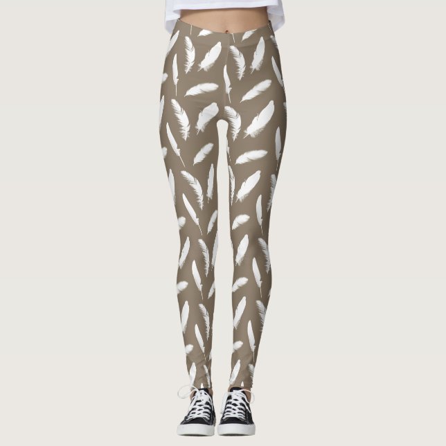 Legging Impressão de penas brancas no tan esticado (Frente)