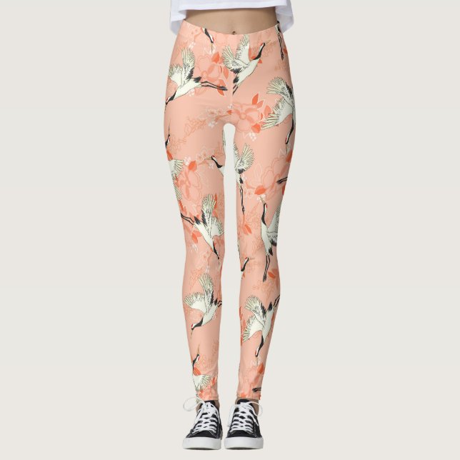 Legging Impressão de pintura de pássaros cor-de-rosa com p (Frente)