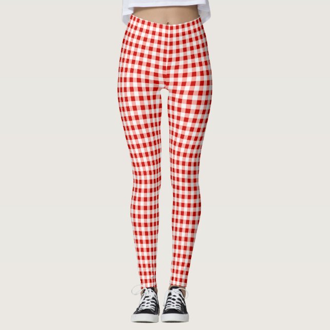 Legging Impressão de Xadrez de Gingham Vermelho e Branco (Frente)