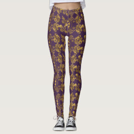 Legging impressão floral de espiral do ouro em roxo