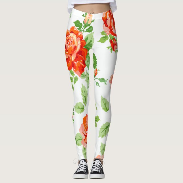 Legging Impressão floral de rosa laranja (Frente)