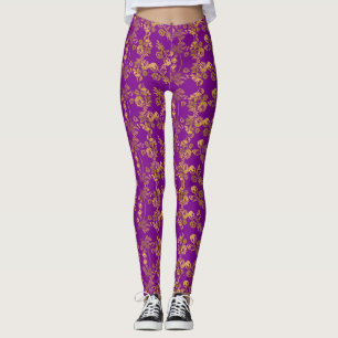 Legging Impressão floral do Ouro de vinheta em roxo