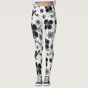 Legging Impressão Floral preto-e-branco