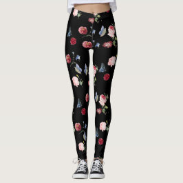 Legging Impressão floral preto vermelho e rosa e borboleta