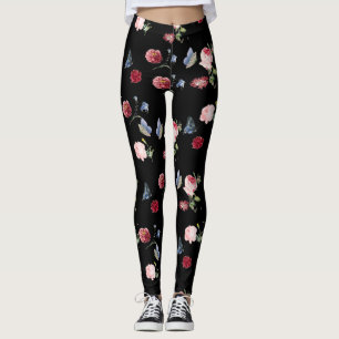 Legging Impressão floral preto vermelho e rosa e borboleta