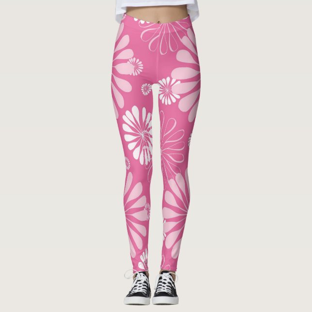Legging Impressão Floral Retro Rosa e Branco (Frente)
