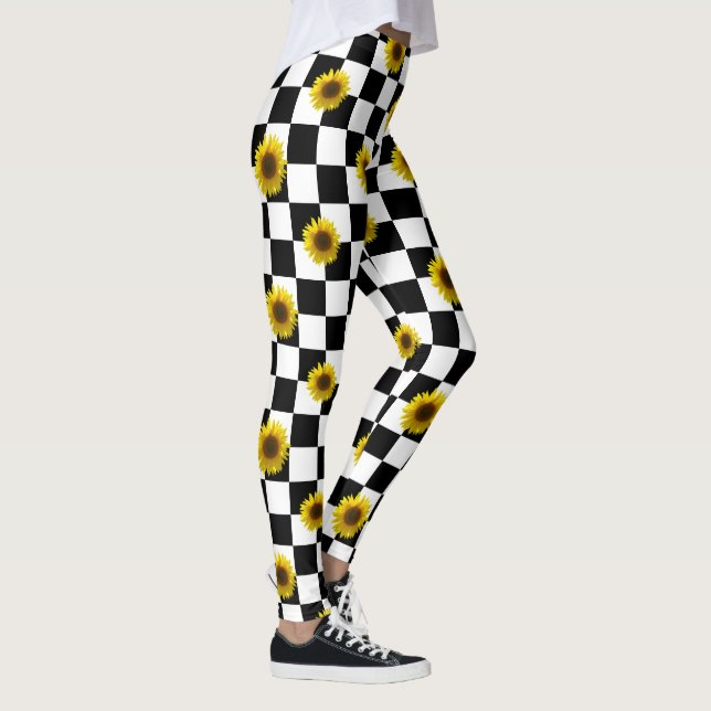 Legging Impressão preto e branco Checkered & do girassol (Direita)