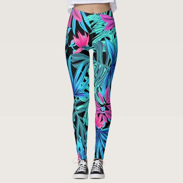 Legging Impressão tropical azul e rosa (Frente)