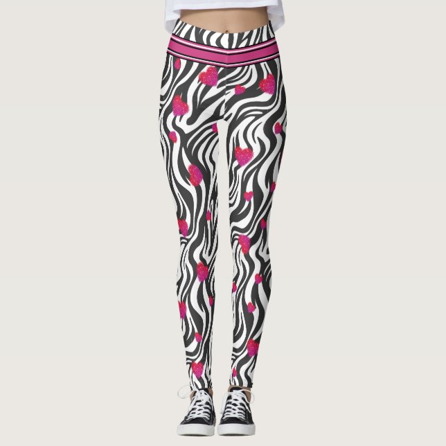 Legging Impressão Zebra com Corações Sparkle Rosa Quente (Frente)