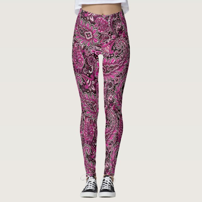 Legging Intricate Paisley in Vibrant Pinks on Black  (Frente)