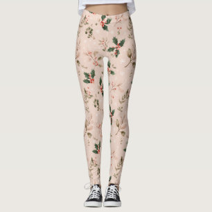 Legging Inverno Rosa - Folhas de Azevinho e Flocos de Neve