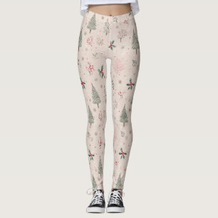 Legging Inverno Rosa - Folhas de Azevinho, Pinheiro, Floco